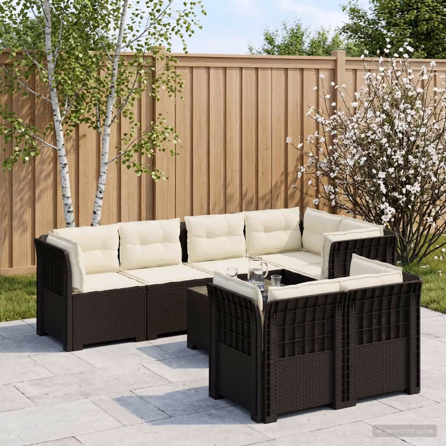 Divano da giardino vidaXL a 7 posti in polyrattan con cuscini beige e antracite a forma di U
