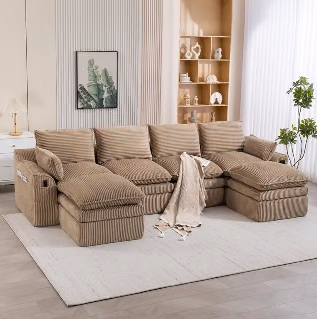 Divano modulare MODFU a 4 posti in velluto a coste color khaki con cuscini e tasche laterali, forma a L, L 335 x P 167 x H 85 cm – 1