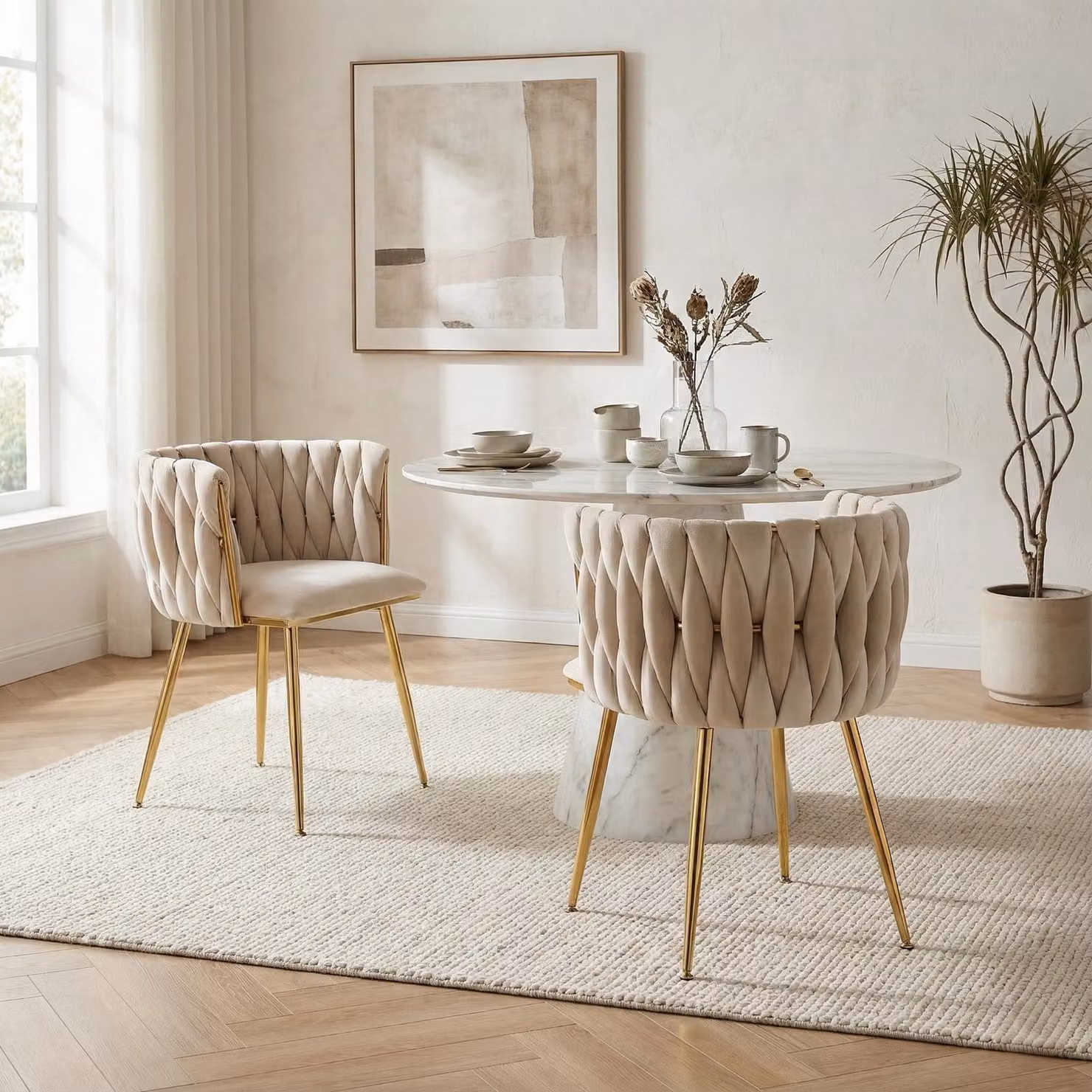 LVHOM Sedie da sala da pranzo Imbottitura in velluto Sedia da soggiorno Set di 2 sedie imbottite Stile intrecciato, Sedia da sala da pranzo, Struttura in metallo dorato, Avorio