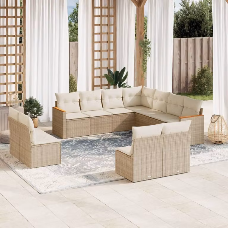 vidaXL Set Divani da Giardino 11 pz a Forma a U in Polyrattan con Cuscini Beige e Struttura in Acciaio Verniciato a Polvere