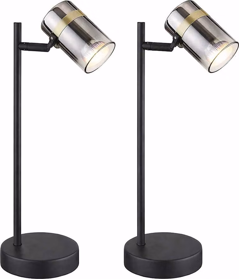 2 lampade da tavolo, metallo, nere, con faretti orientabili, altezza 35 cm
