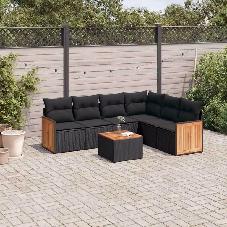 Set Divani da Giardino a L vidaXL in Polyrattan Nero con 7 Cuscini e Tavolino da Esterno