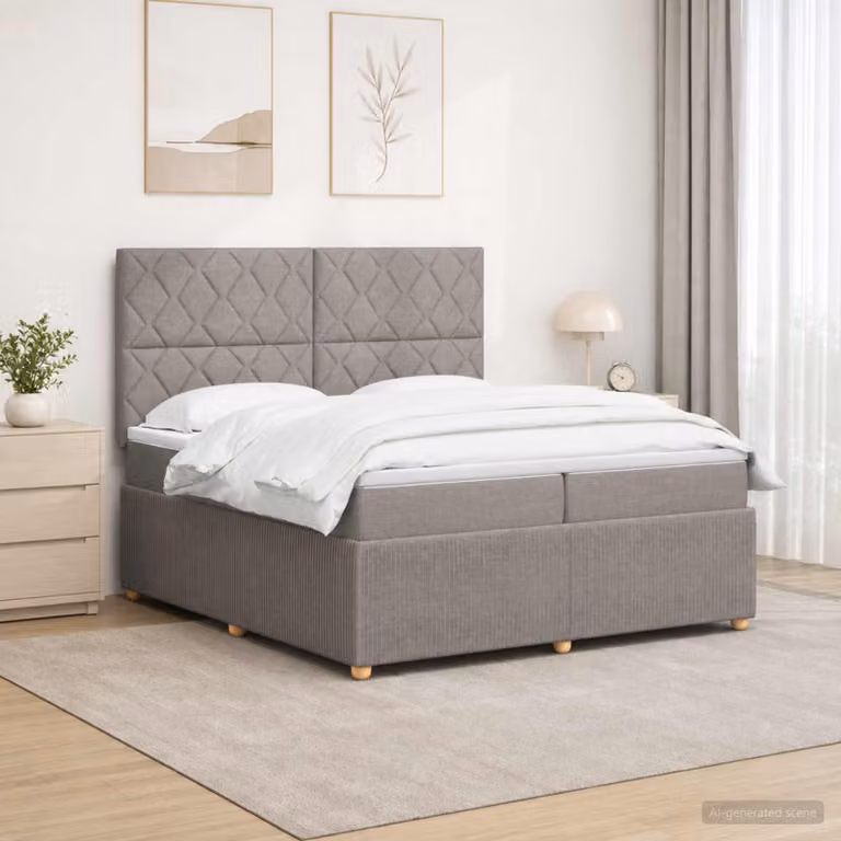 Letto Box Spring vidaXL con Materasso Ibrido e Illuminazione LED, Colore Tortora, L/P: 200 x 200 cm