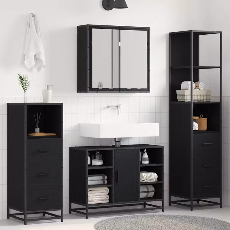 Set di mobili per il bagno moderno vidaXL 4 pezzi in legno e metallo nero opaco L/P/H: 80 x 33 x 166 cm