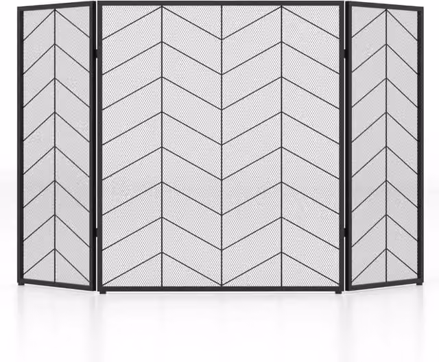 Parascintille per camino Design Mania a 3 pannelli in metallo con motivo a spina di pesce, Nero, L: 132 cm, H: 79 cm