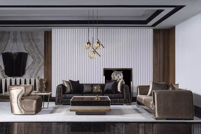 Elegantes 3-teiliges Wohnzimmer Set aus Textil in Schwarz und Braun
