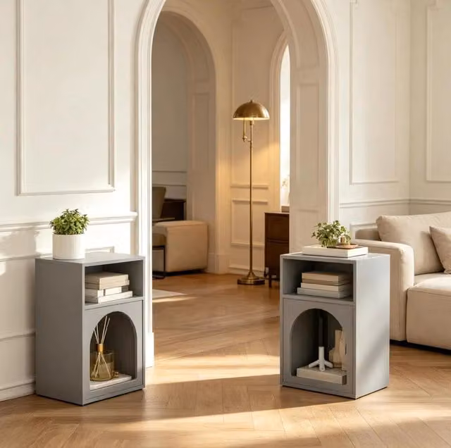 Set di 2 comodini 40x30x60 cm in MDF grigio, vani aperti, per piccoli spazi –