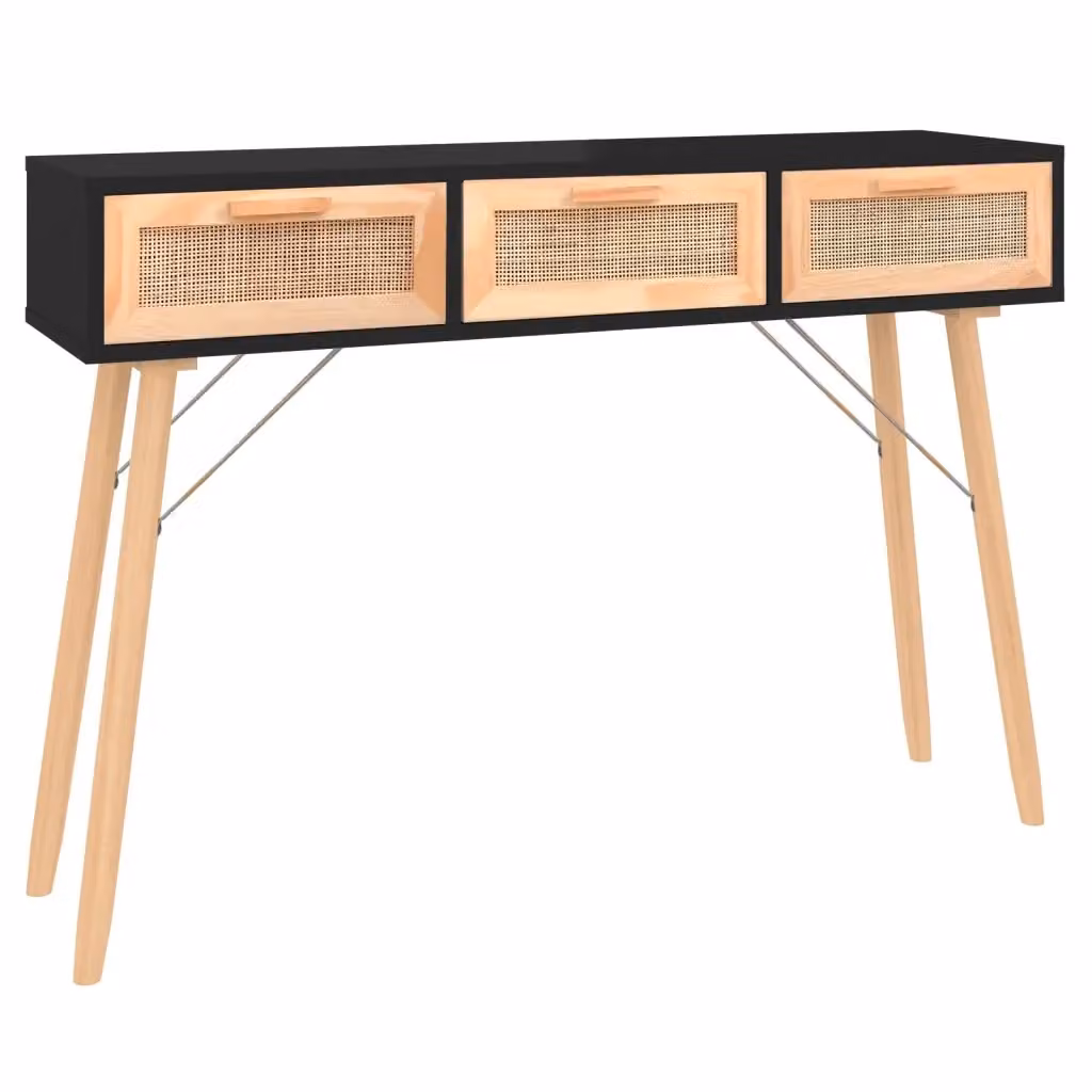 Tavolo Consolle vidaXL in Legno di Pino e Rattan Naturale, Colore Nero, L 105 x P 30 x H 75 cm – 2
