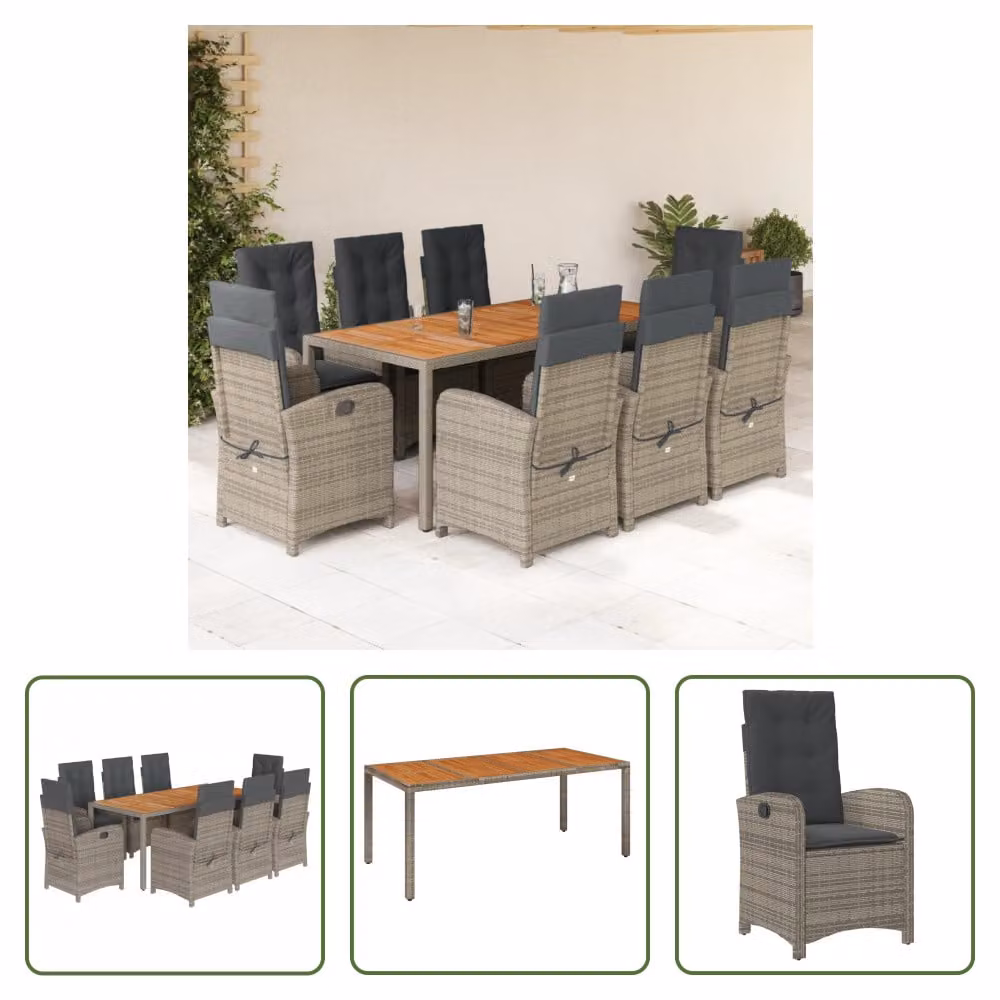 The Living Store Set da pranzo da giardino 9 pezzi con cuscini in poly rattan grigio