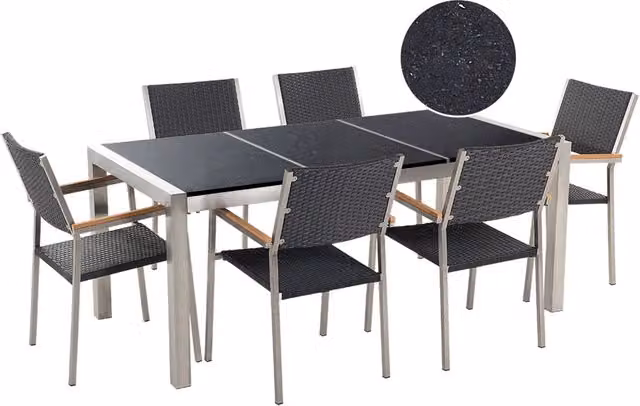 Set da pranzo da giardino Beliani Nero con piano in pietra naturale e sedie in rattan per 6 persone L: 180 cm, P: 90 cm