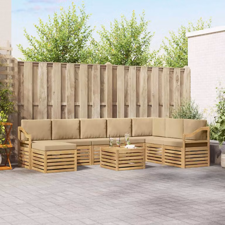 vidaXL Set di divani da esterno a L composto da 9 pezzi in legno di acacia con cuscini in poliestere bianco e beige
