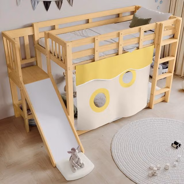 Letto a soppalco singolo 90 × 200 cm con scala, scivolo e tende, senza materasso, in pino e MDF, naturale