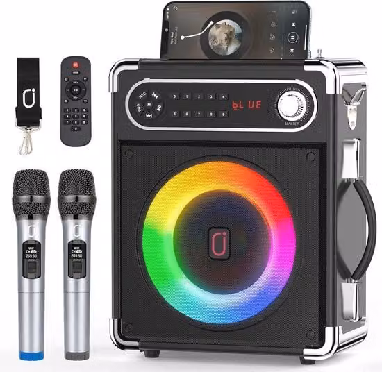 Karaoke portatile con microfoni wireless, diffusore Bluetooth con regolazione basso/alto, telecomando e illuminazione a LED