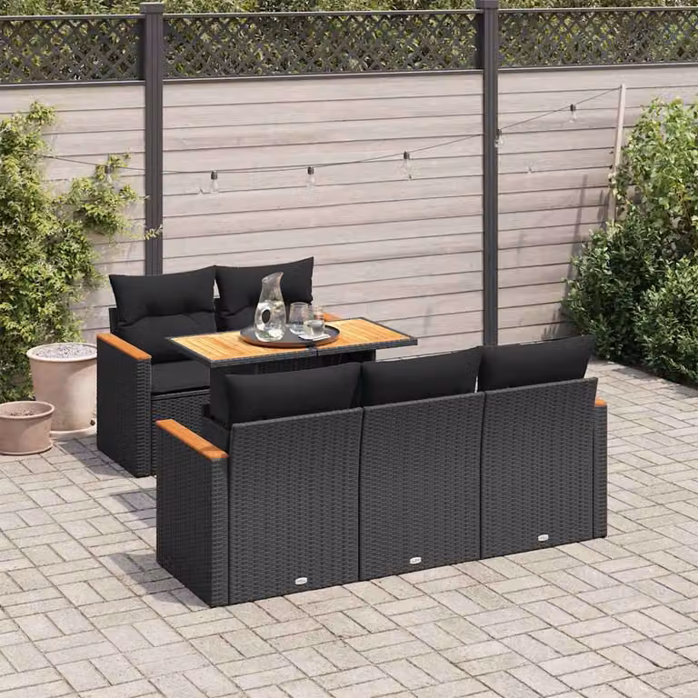 Set Divano da Giardino vidaXL 6 pz a Forma a L con Cuscini e Tavolino Nero in Polyrattan e Legno di Acacia