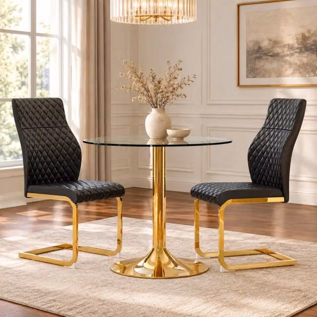 Set tavolo rotondo in vetro temperato e sedie nero oro
