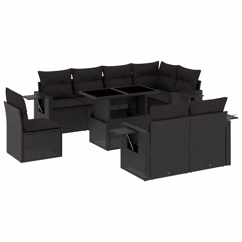 Set di divani da giardino vidaXL a forma di L in polyrattan nero con cuscini e tavolino da esterno – 2