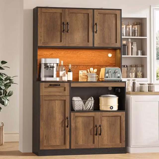 Armadio da cucina alto 110x40x180 cm, 6 ante e 1 cassetto, con illuminazione LED e prese elettriche, vetrina per soggiorno e sala da pranzo
