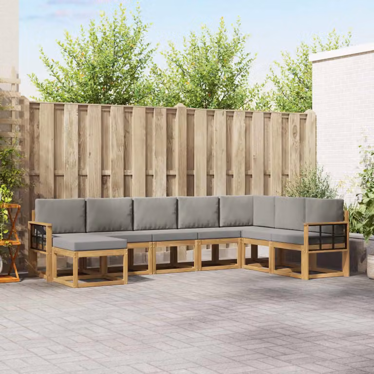 vidaXL Set di divani da esterno a L composto da 8 pezzi in legno di acacia con cuscini, Bianco e Grigio Chiaro