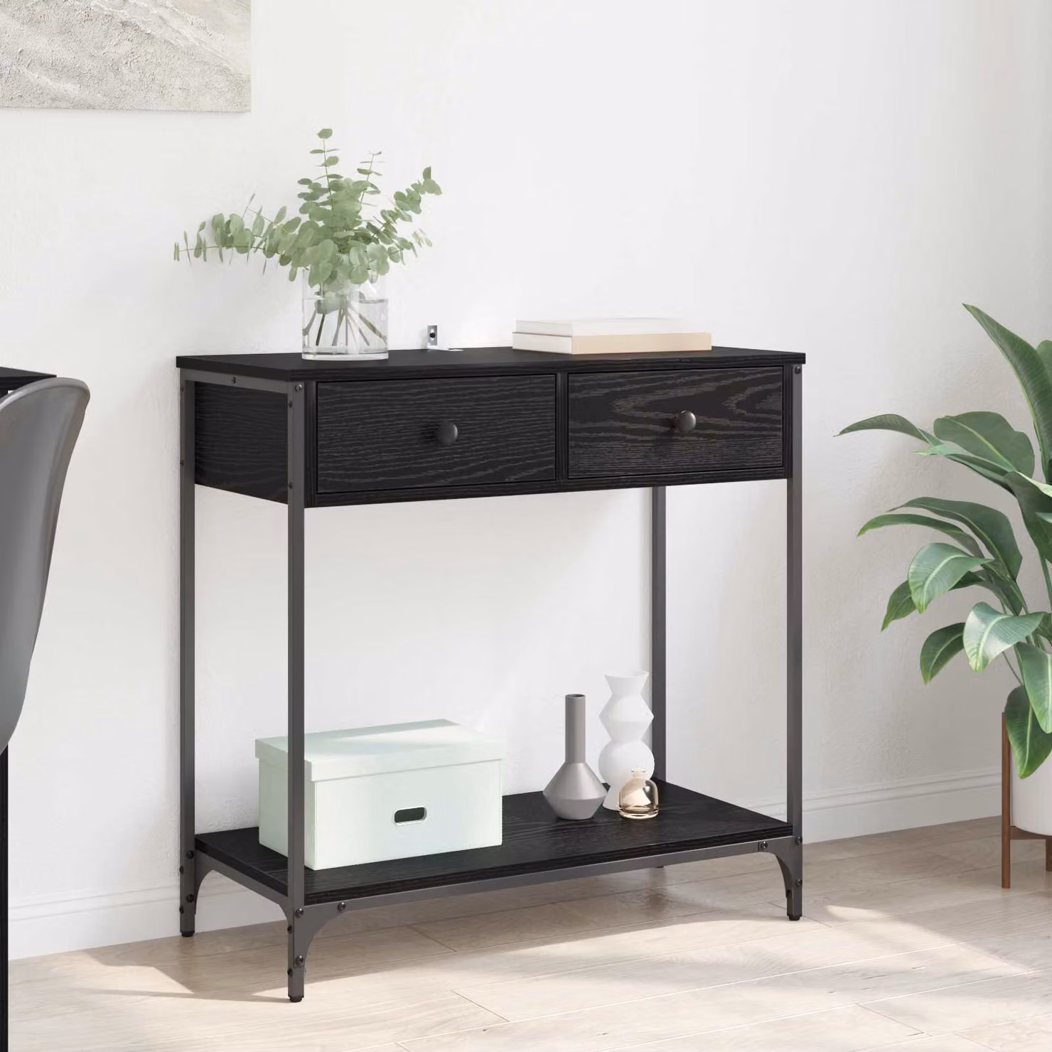 vidaXL Tavolo consolle in stile industriale, Rovere e Nero, L/P/H: 75 x 34,5 x 75 cm