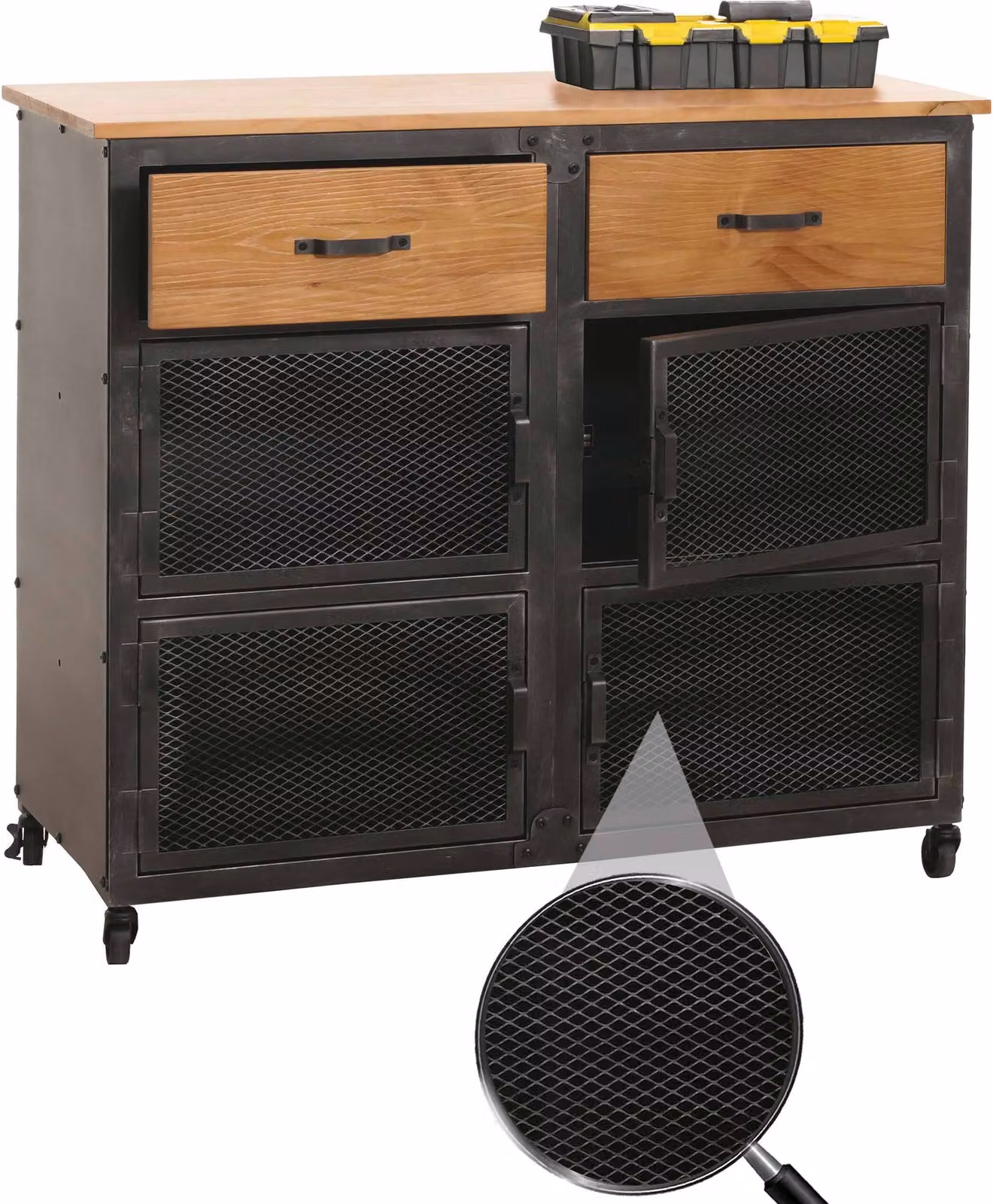 Carrello da officina HWC-N28, carrello, rotelle 2 cassetti, struttura 3D metallo legno 90x100x40cm ~ nero, naturale