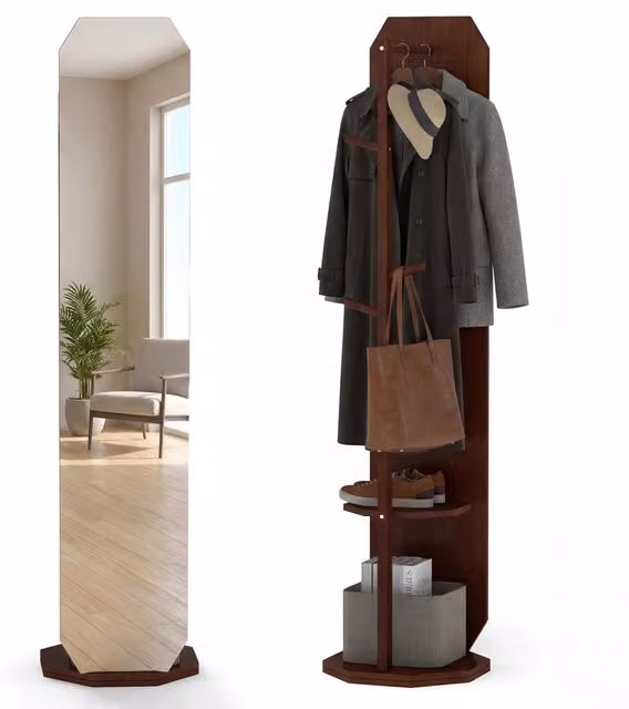 Appendiabiti girevole a 360 gradi con specchio intero e ripiani in legno di pino marrone opaco per ingresso, soggiorno o camera da letto, L: 32 cm, H: 163 cm