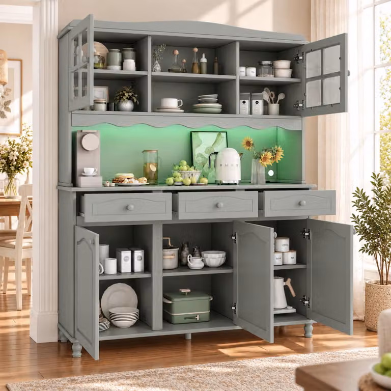 Armadio da cucina con cassetti, credenze con illuminazione a LED e prese di corrente, mobile alto con spazio contenitivo, dimensioni 135x40x185 cm, colore grigio-verde, materiale: pannello di fibra a media densità (PB)