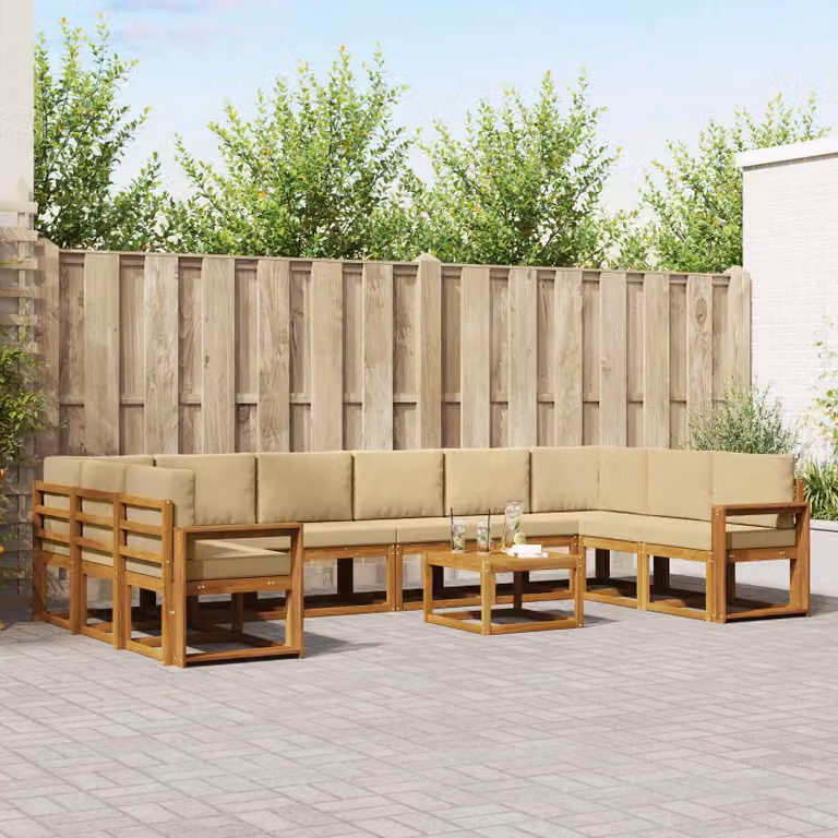 Set di divani da esterno vidaXL 11 pezzi in legno di acacia con cuscini, colore beige e marrone