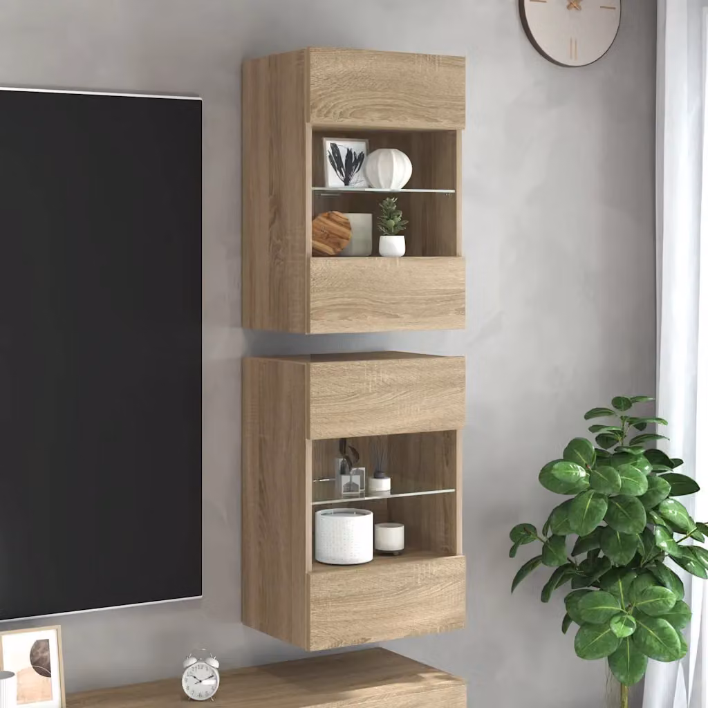 Set di 2 mobili da parete con luci LED vidaXL per TV in rovere, L 40 cm x P 30 cm x H 60,5 cm