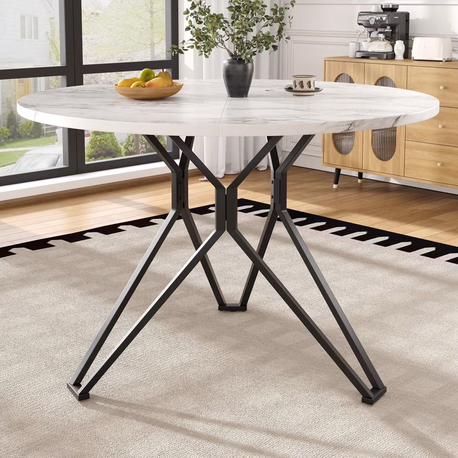 Tavolo da pranzo Flieks, tavolo rotondo 100x100x76 cm, tavolo da cucina con piano marmorizzato e gambe in metallo, nero