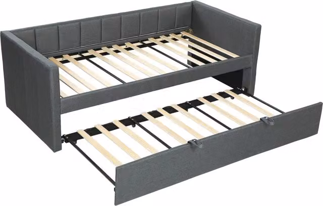 Letto Singolo con Secondo Letto Estraibile, Rivestimento in Tessuto e Braccioli, 205x181x70 cm, Grigio Scuro
