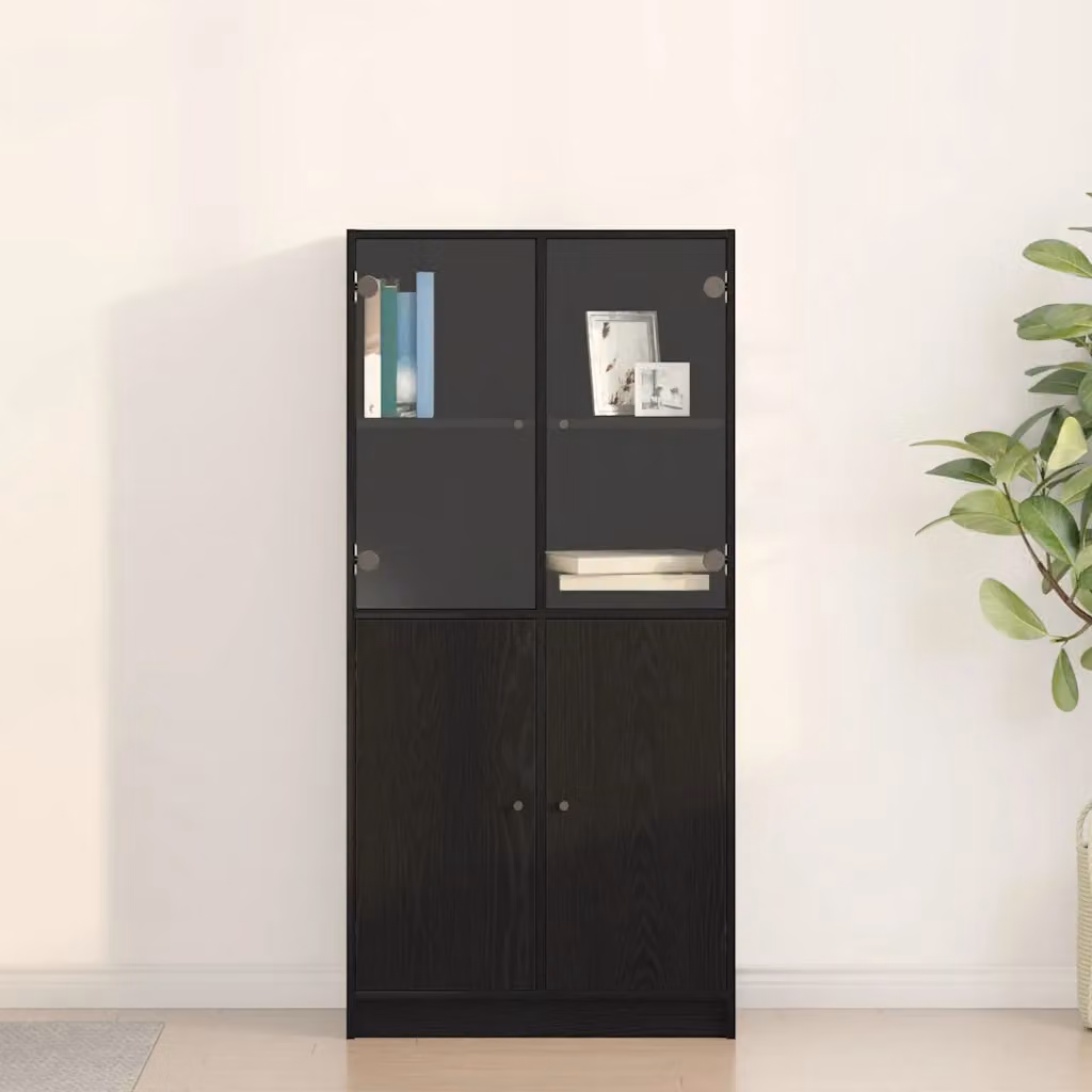 Credenza moderna vidaXL in legno e MDF con ante in vetro, colore nero, L 68 x P 37 x H 142 cm