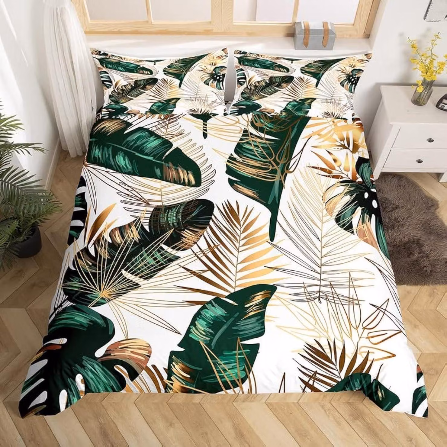 Set di lenzuola con motivo di foglie tropicali - per letto singolo, include federa