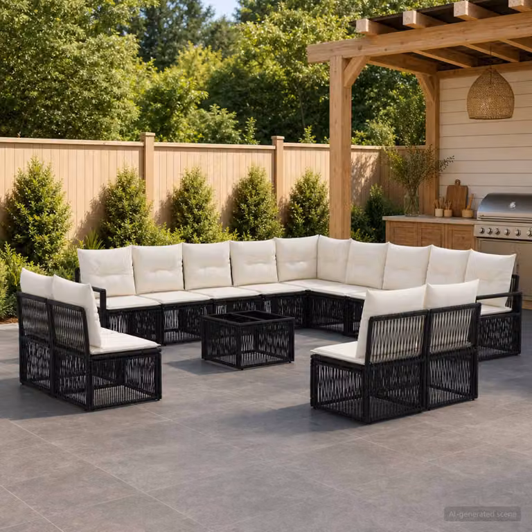 Set Divano da Giardino vidaXL 14 pz Nero con Cuscini e Tavolino in Polyrattan e Acciaio