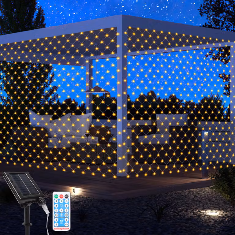 Jopassy Solar Fairy Lights Luci di stringa 4.5M x 1.6M Luci di tenda con telecomando Timer Festa di Natale Decorazione Giardino Bianco Caldo