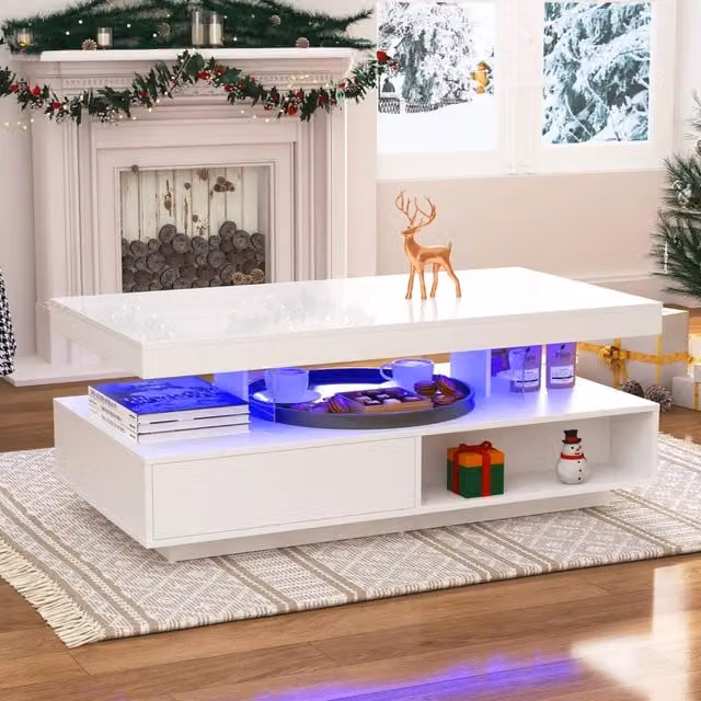 Tavolino basso Mivray con LED, 2 cassetti e 2 vani aperti, piano lucido bianco, L: 95 cm, P: 50 cm, H: 42.5 cm