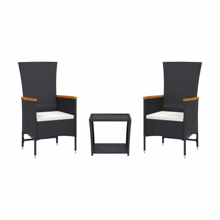 Set da Pranzo da Giardino 3 pz con Cuscini Nero in Polyrattan