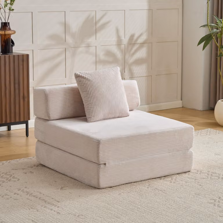 Divano a pavimento, divano componibile, trasformabile, divano letto singolo, cuscini, braccioli, tessuto corda, ideale per soggiorno/camera da letto. L3