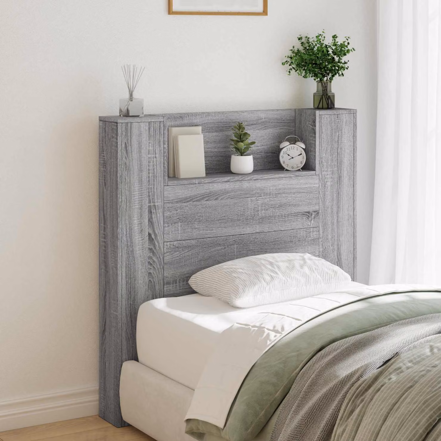 Testiera con stoccaggio vidaXL Sonoma grigio con illuminazione LED, ripiano integrato e porta USB