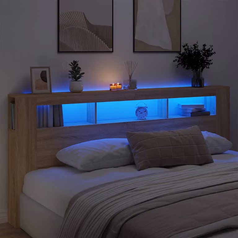 Testiera con LED vidaXL in Rovere Sonoma, con mensola integrata e porta USB, L 220 cm x P 18,5 cm x H 103,5 cm