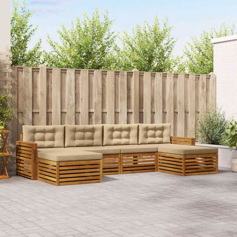 vidaXL Set di divani da esterno a L in legno di acacia con cuscini, 6 pezzi, Beige e Marrone