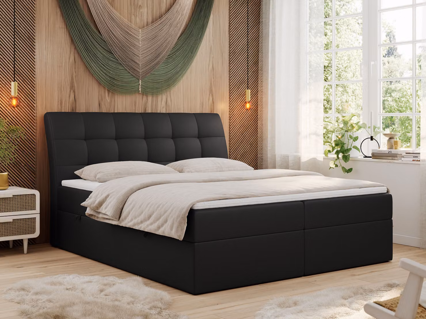 Letto boxspring 200x200 con materasso, letto con materasso Multipocket - H3 e topper, letto imbottito 200x200 con contenitore e testiera, DIEGOS - 200x200 - Nero - Pelle finta - H3