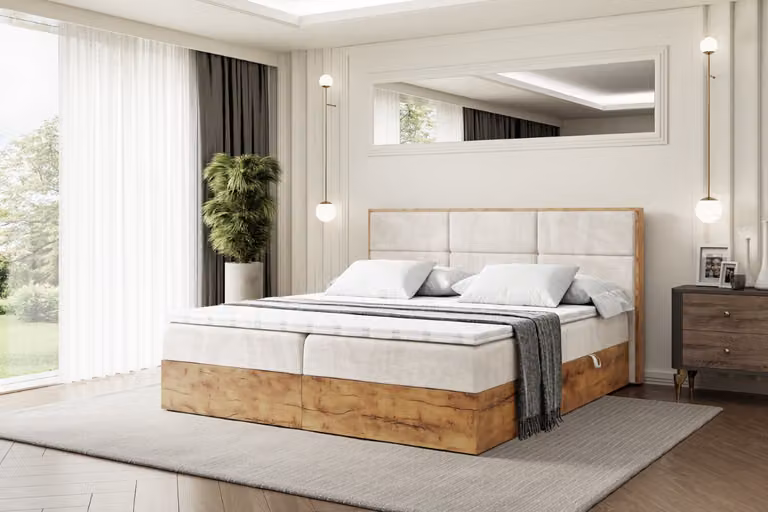 Letto boxspring ALTDECOR con materasso e rete a doghe, topper, pediera, letto imbottito con contenitore, letto con spazio contenitivo e materasso H3, letto matrimoniale, letto boxspring - LOLLI1 - 200x200 - Beige Casablanca