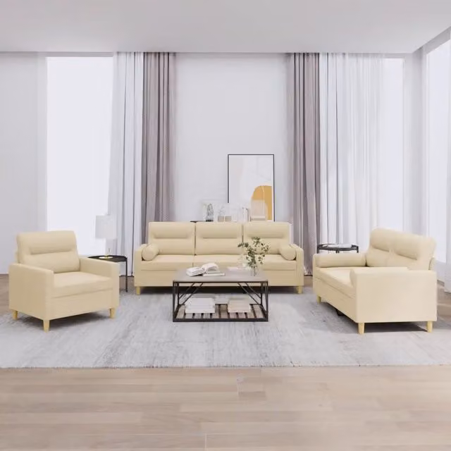 vidaXL Set di Divani 3 Pezzi Moderno in Tessuto Beige con Cuscini – 1