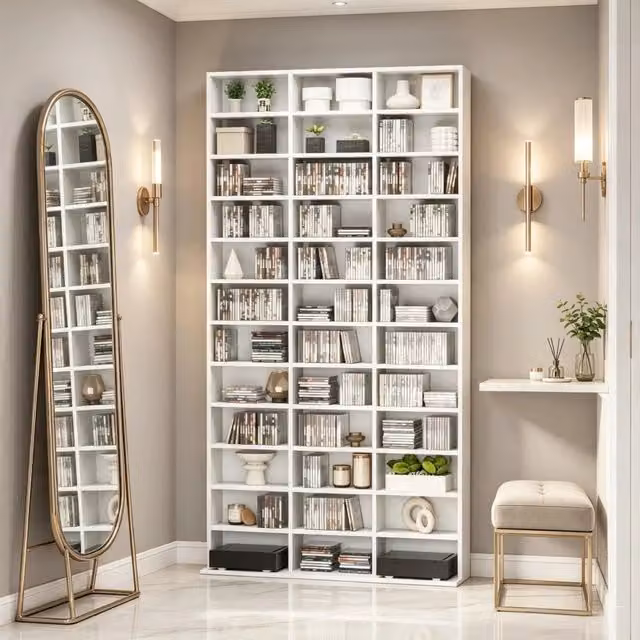 Scaffale classico moderno, torre portaoggetti funzionale per media e decorazioni, libreria per CD e DVD