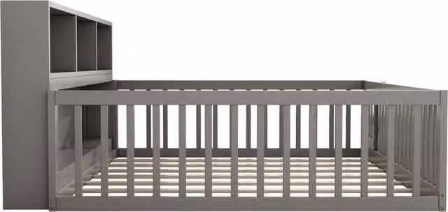 Daybett in legno di pino e MDF con rete a doghe 140x200 cm, con sponde e vani di stoccaggio, colore grigio