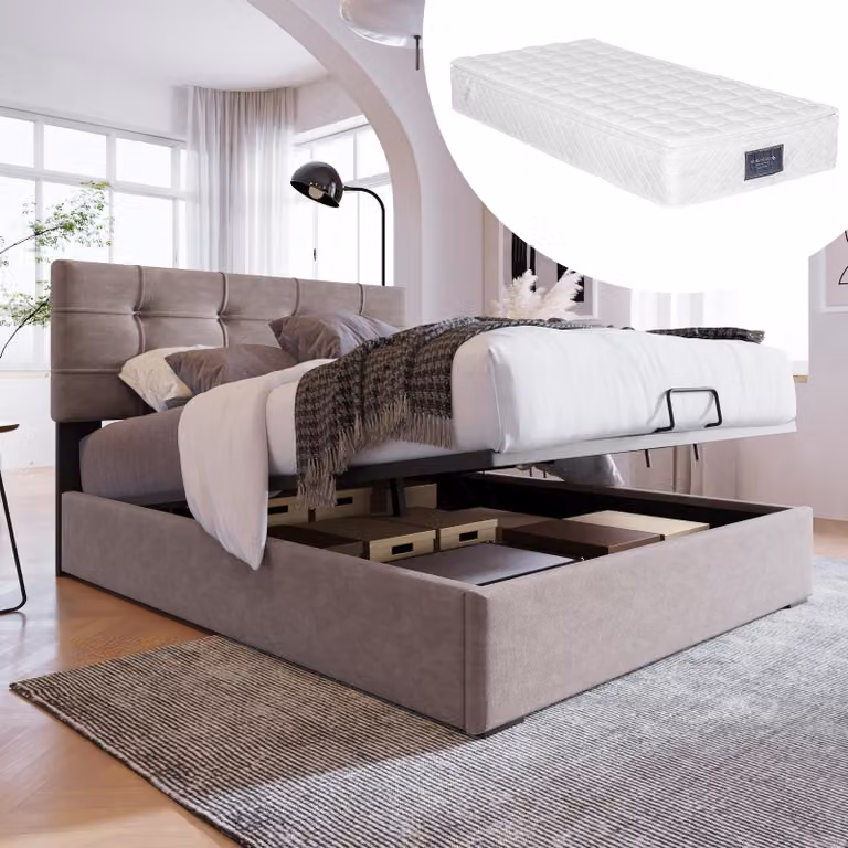 okwish Letto imbottito 90x200, letto singolo idraulico, griglia metallica moderna, testata regolabile, ampio spazio di archiviazione, velluto, grigio chiaro (con materasso)