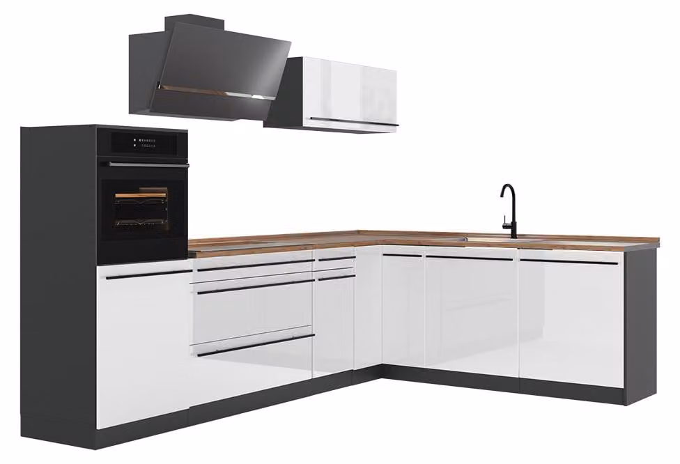 Cucina angolare completa Vicco R-Line Bianco lucido/Antracite 287 x cm piano di lavoro Rovere dorato, Model 66762