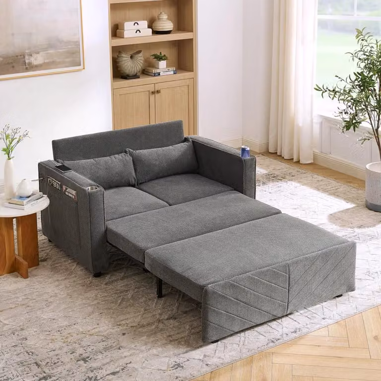 Divano letto a 2 posti - 3 funzioni in 1 - Sistema di trasformazione a scorrimento - Porta USB per la ricarica - Design moderno e lussuoso - Realizzato in legno e tessuto - Colore grigio scuro
