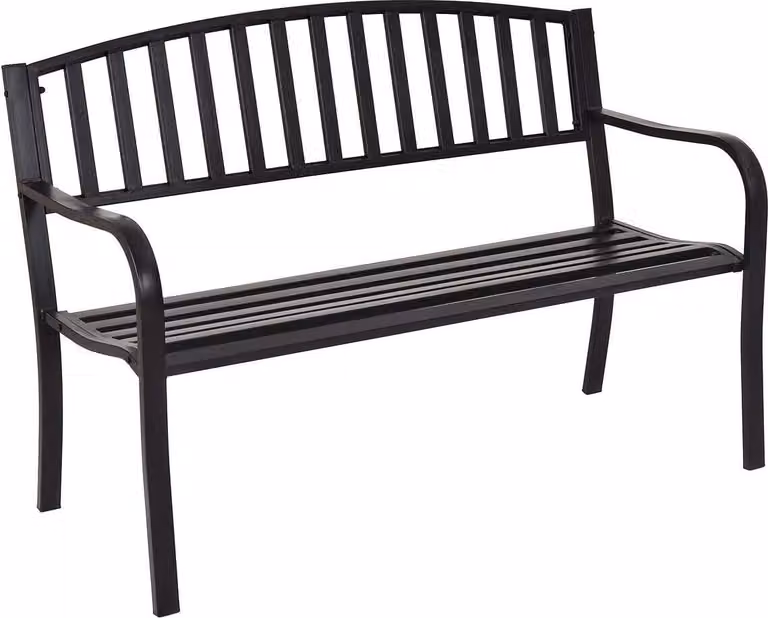 Panchina in acciaio KOMFOTTEU a 2 posti, panchina da giardino con schienale e braccioli, portante fino a 280 kg, panchina da giardino, balcone o terrazza, 127 x 60 x 87 cm, nera