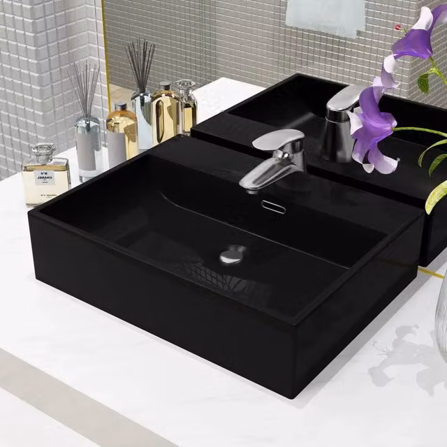 Lavandino in ceramica con foro per rubinetto vidaXL nero L: 51,5 cm, P: 38,5 cm, H: 15 cm